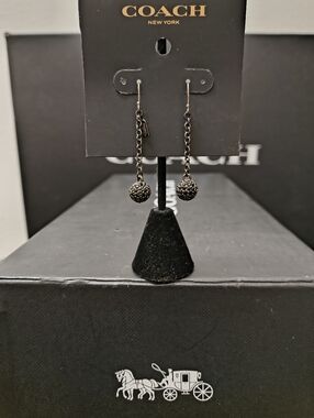 Vintage Coach Gunmetal Chain Drop Earrings with Crystal Ball Accents